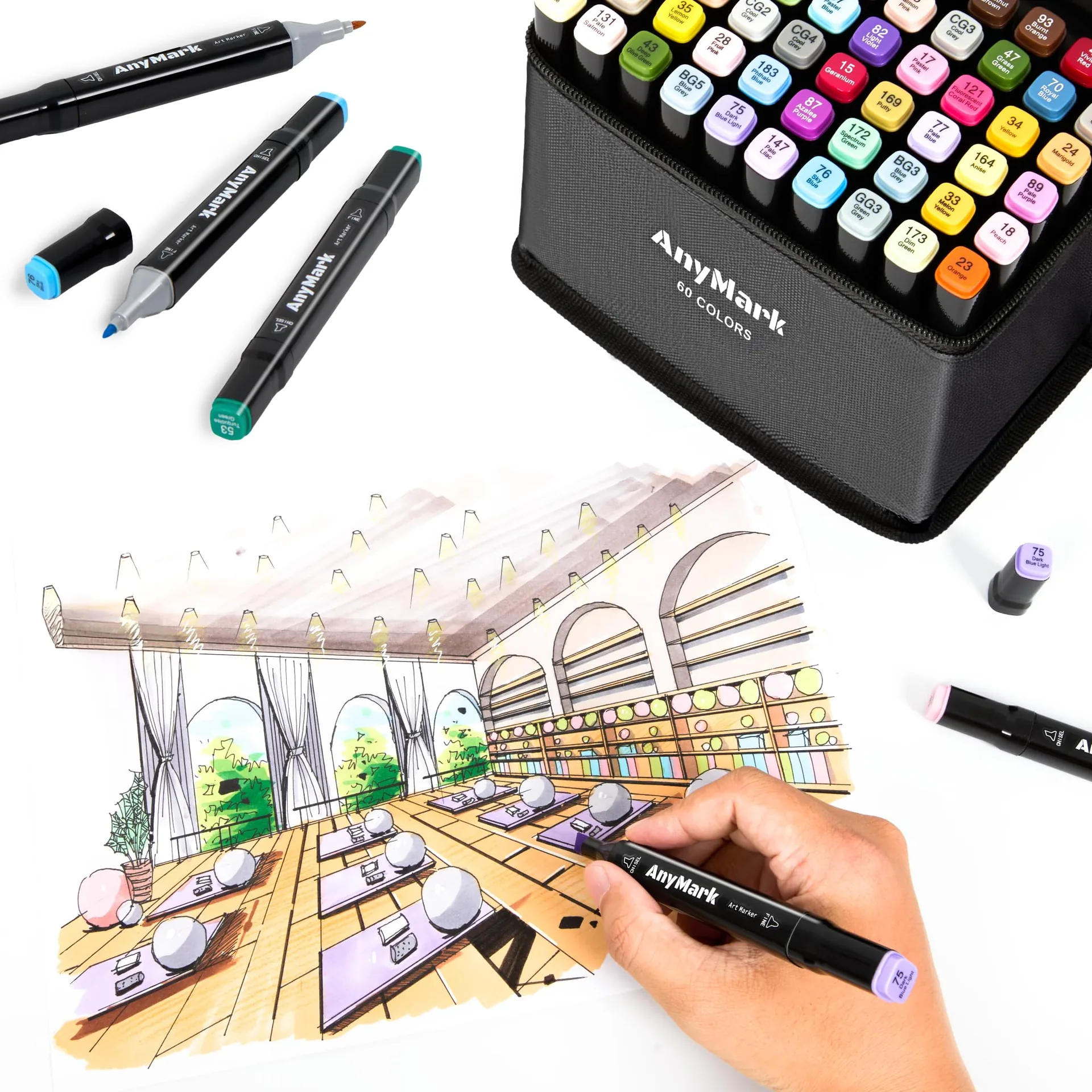 A hand drawing an architectural interior sketch with an AnyMark marker next to an open case of colored markers